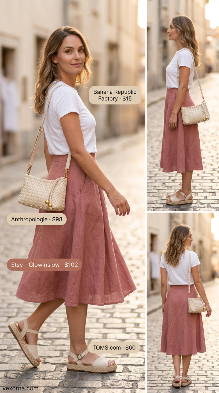 Blush pink linen midi skirt and white tee for women over 30, a sweet casual outfit for 2026.