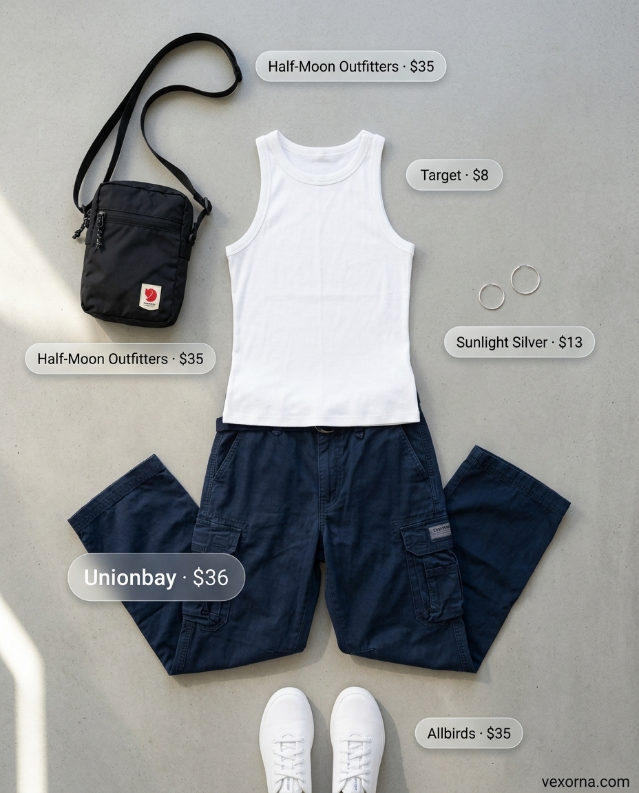 Navy linen cargo pants & white knit top: chic summer linen outfits for women over 30 2026. Casual, utilitarian style.