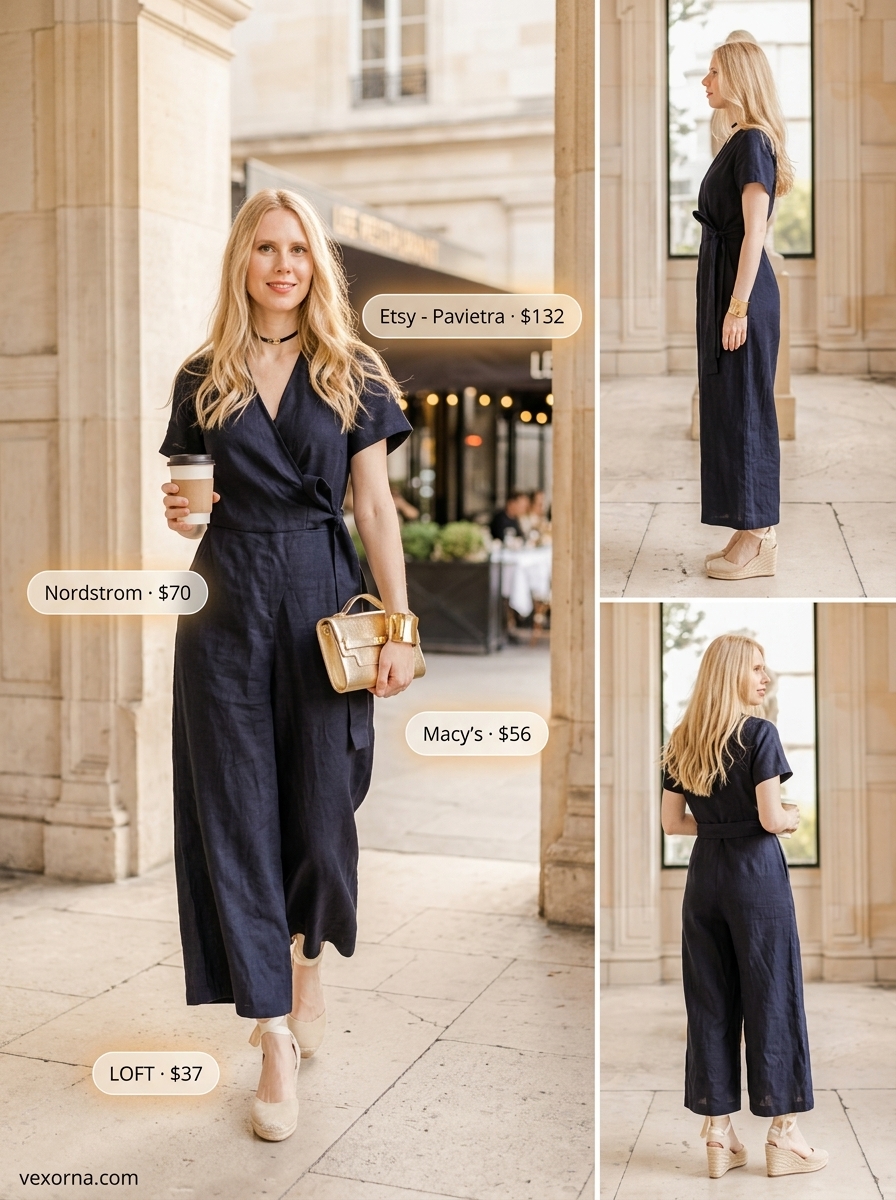 Navy linen jumpsuit: elegant summer linen outfits for women over 30 2026. Evening event style.