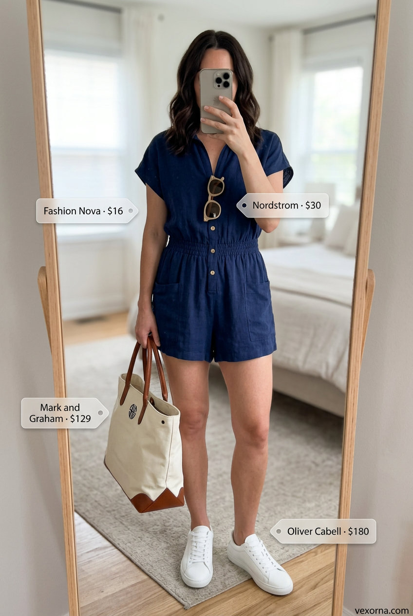 Navy linen romper outfit for women over 30, with white sneakers & canvas tote. Chic summer linen outfits 2026.