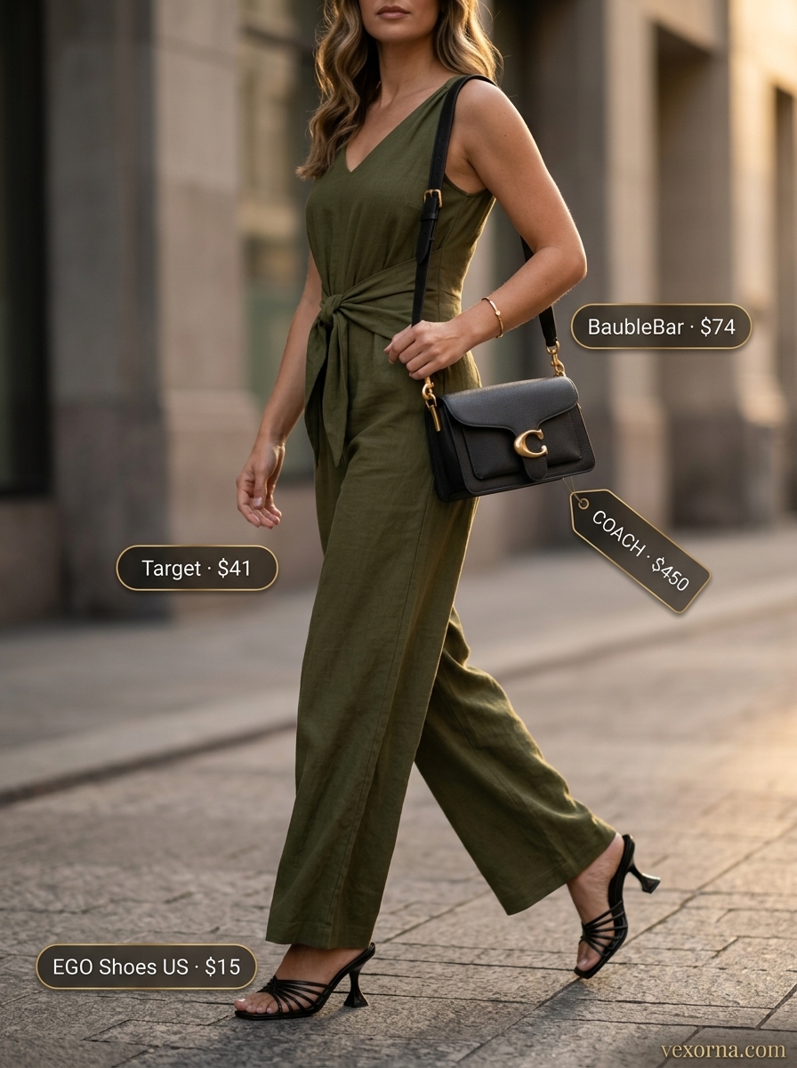 Olive green linen jumpsuit for women over 30, perfect for smart casual dinners and summer events in 2026.
