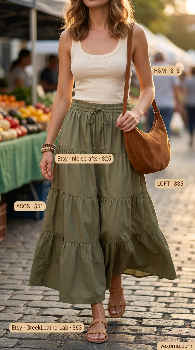 Olive green linen maxi skirt & cream tank: bohemian summer linen outfits for women over 30 2026.