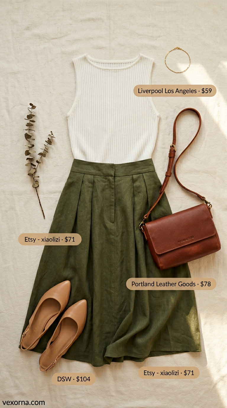 Olive green linen midi skirt outfit for women over 30, paired with ivory top & tan flats. Perfect summer linen outfits 2026.
