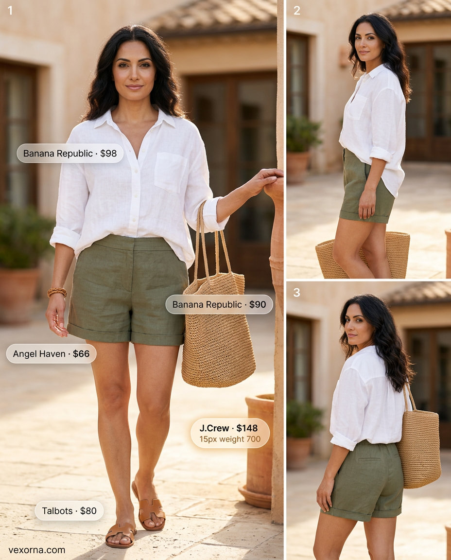 Olive green linen shorts and white shirt set for women over 30. Relaxed summer linen outfits 2026.