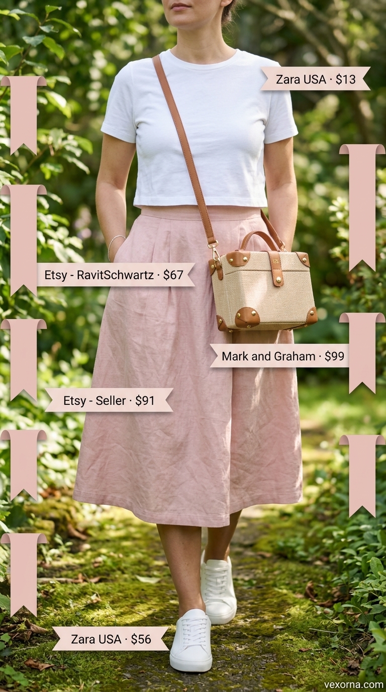 Blush pink linen midi skirt & white crop top: feminine summer linen outfits for women over 30 2026.