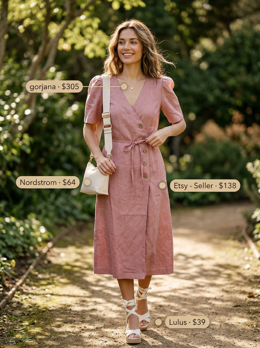 Dusty rose linen wrap dress for women over 30, with espadrilles & crossbody bag. Feminine summer linen outfits 2026.