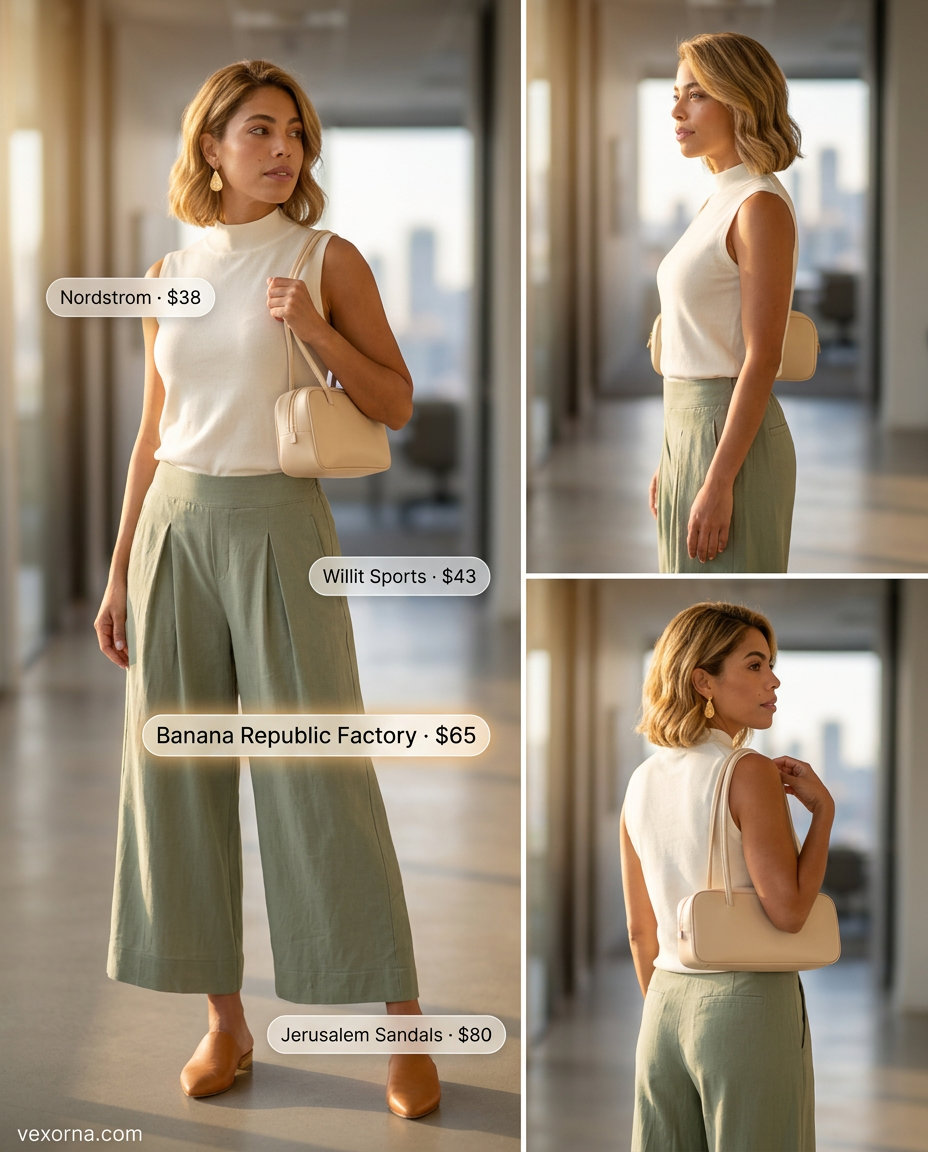 Sage green linen culottes & ivory knit top: sophisticated summer linen outfits for women over 30 2026.