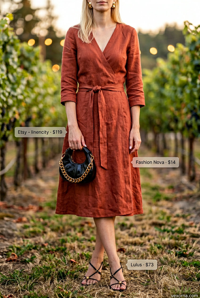 Terracotta orange linen midi wrap dress for women over 30, with black heels & clutch. Sophisticated summer linen outfits 2026.