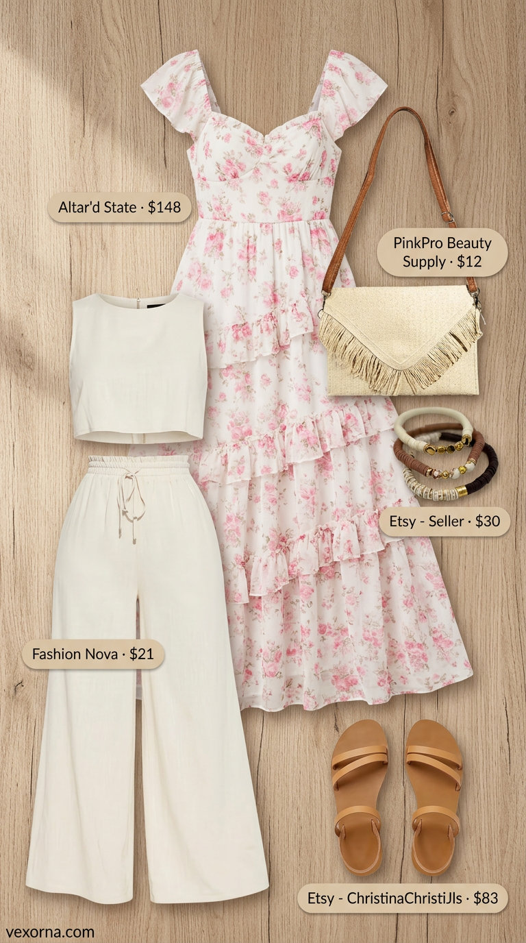 Boho linen maxi dress in cream floral, perfect for summer festival or beach vacation. Style with sandals & straw bag.