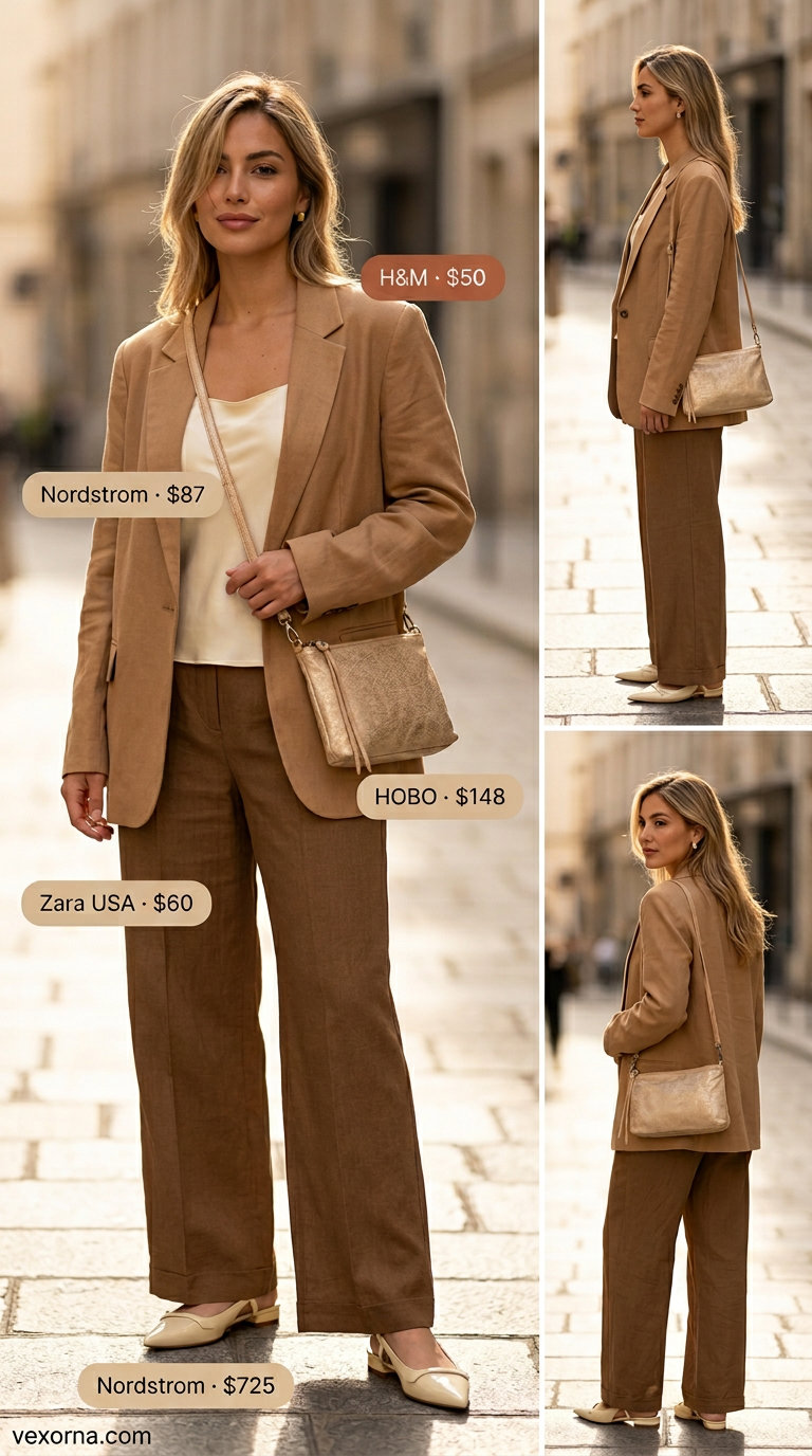 Camel linen blazer & trousers: summer linen pants matching set for women 2026. Sophisticated business casual.