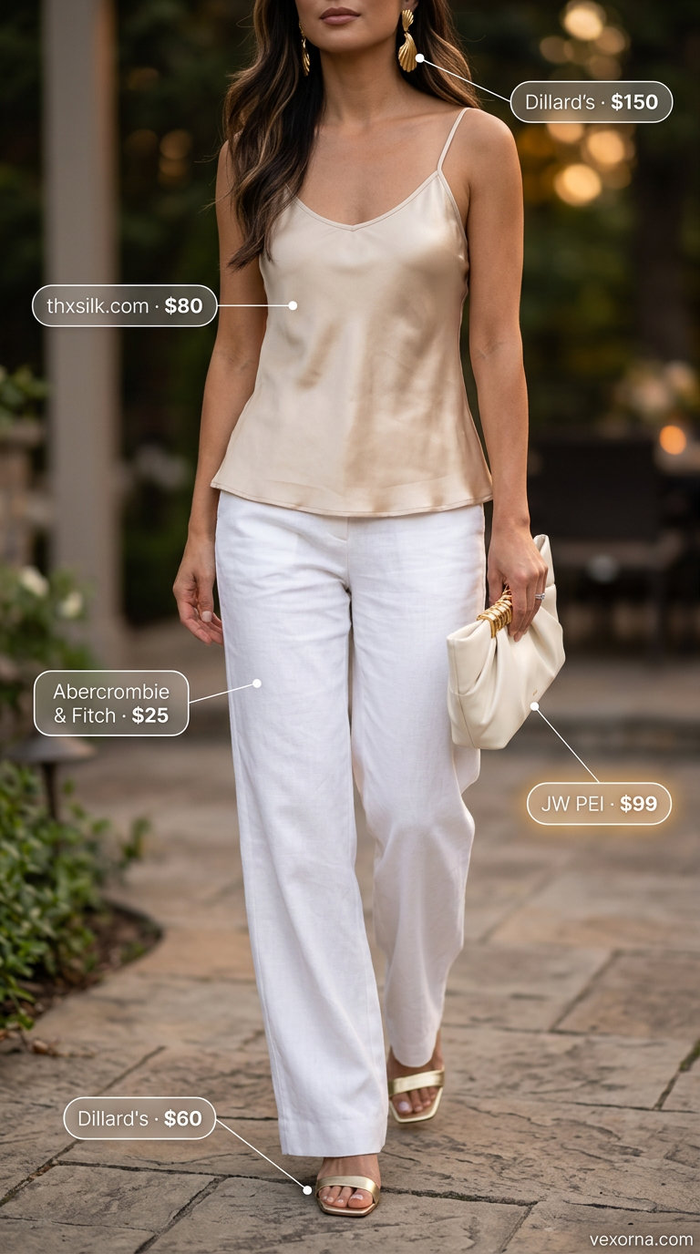Champagne silk camisole & ivory linen pants for women 2026. Elegant evening drinks outfit.