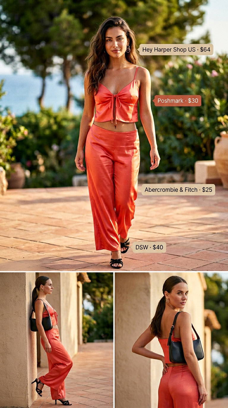 Coral satin camisole & cream linen pants for women 2026. Glamorous summer vacation dinner outfit.