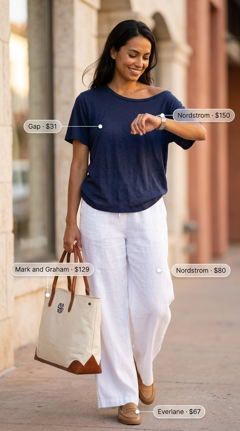 Denim blue linen t-shirt & shorts: summer linen pants matching set for women 2026. Casual travel outfit.