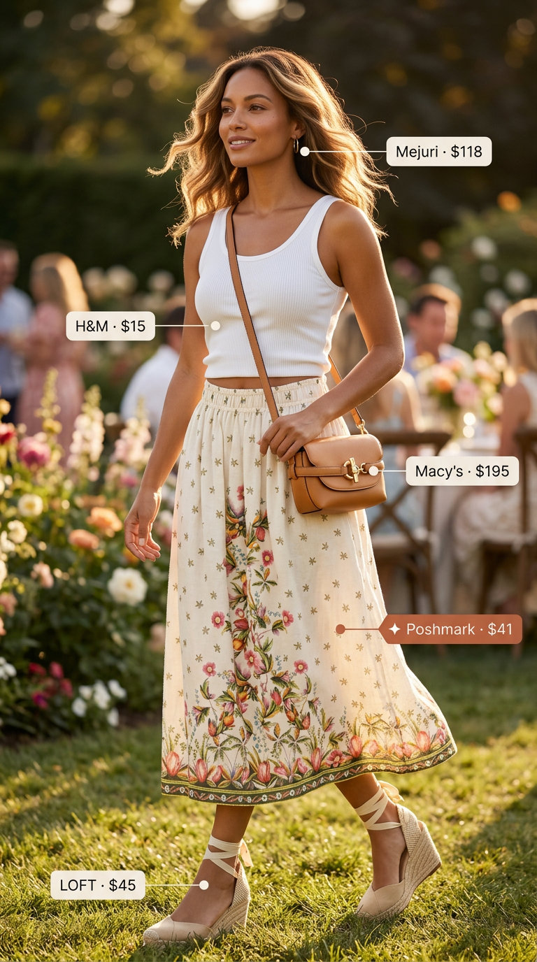 Floral linen midi skirt & white tank for women 2026. Chic lunch date or garden party outfit.