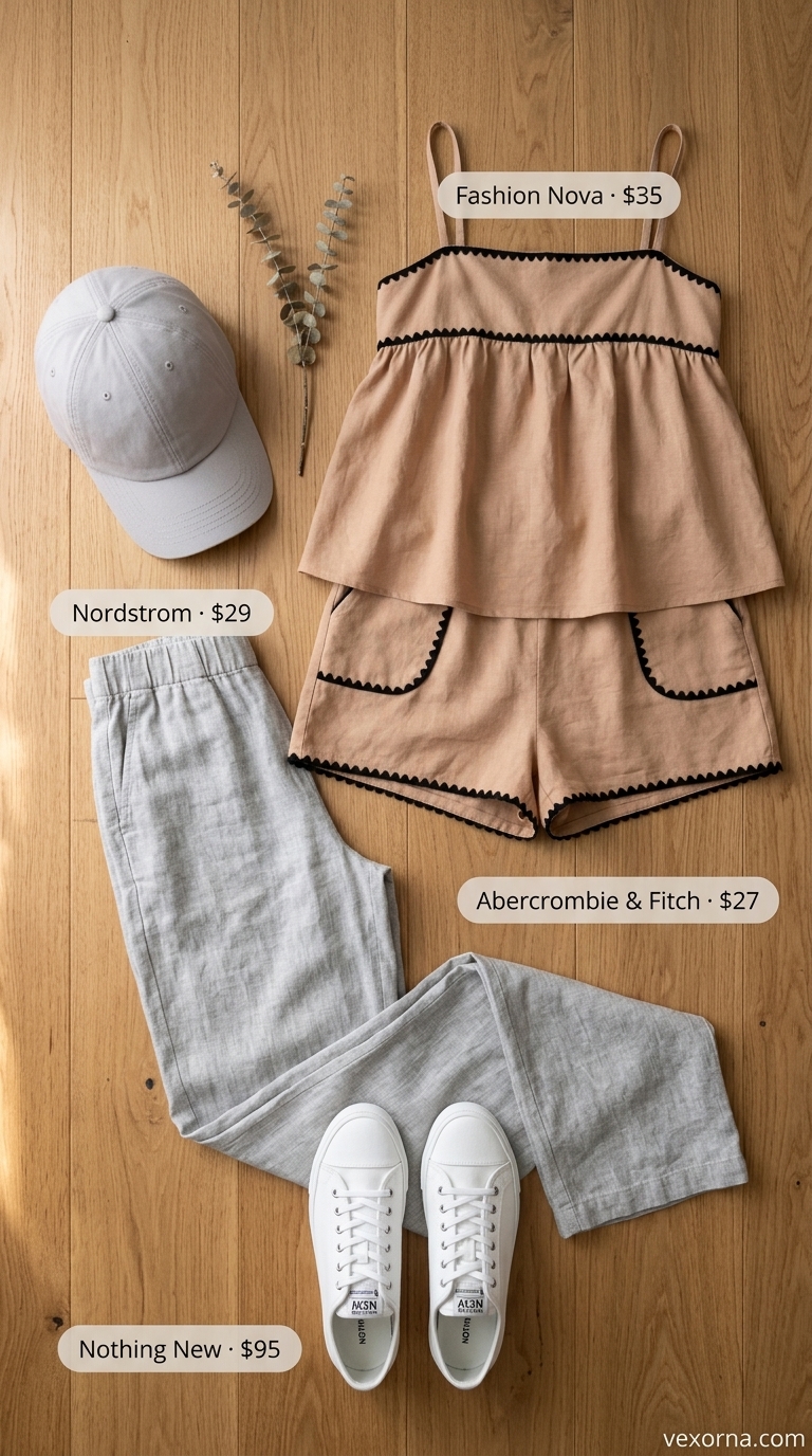 Light grey linen knit shorts & tank: summer linen pants matching set for women 2026. Comfortable weekend outfit.