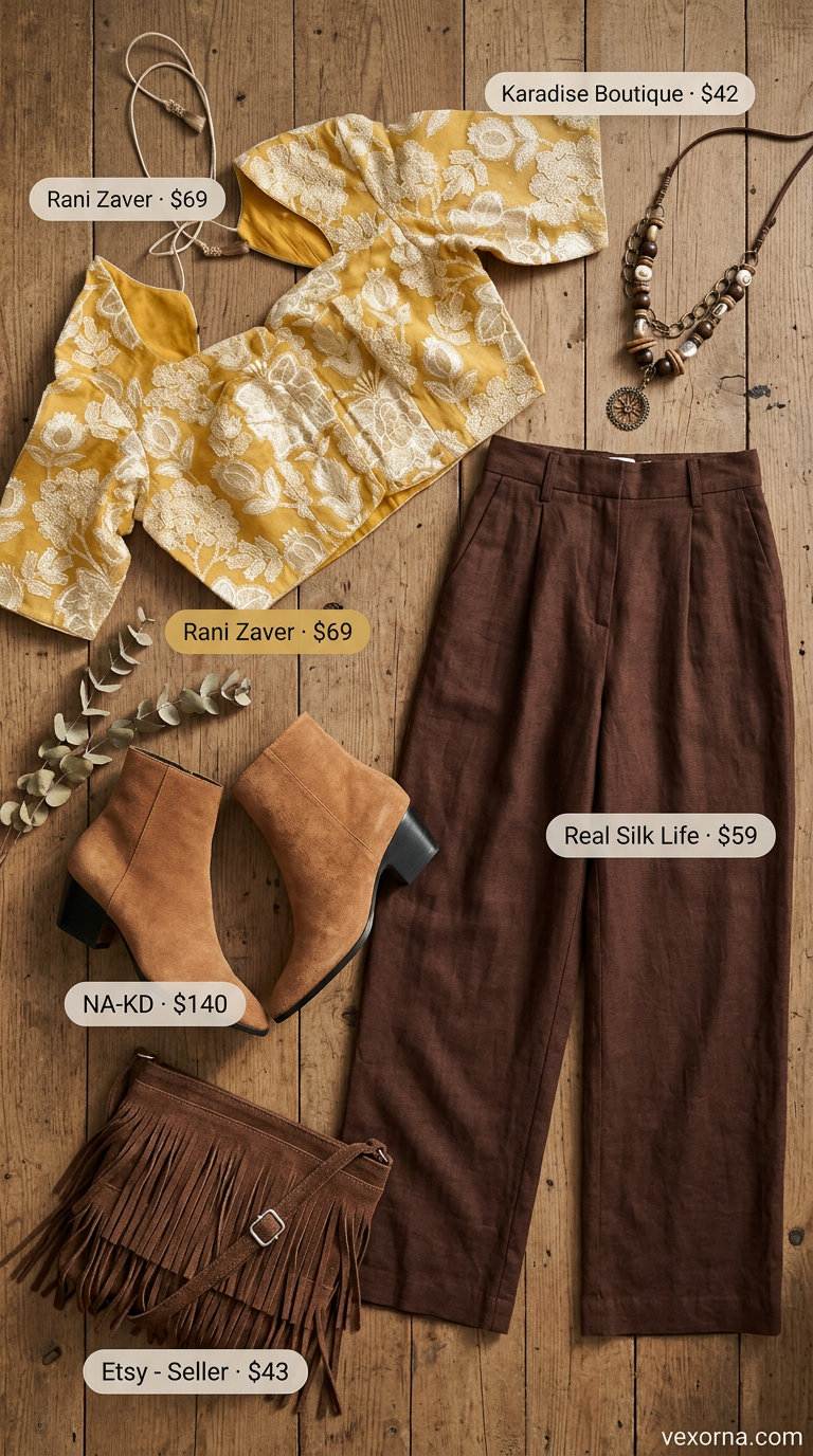 Mustard yellow linen peasant blouse & wide-leg pants matching set for women 2026. Boho festival outfit.