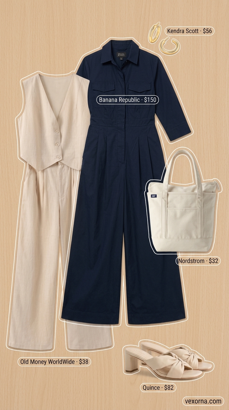 Navy linen utility jumpsuit for women 2026, ideal for casual work or travel. Chic and practical outfit.
