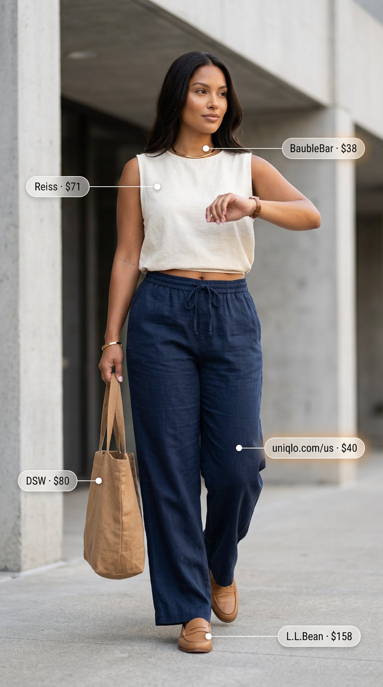 Navy wide-leg linen pants & cream knit top for women 2026. Comfortable travel day outfit.