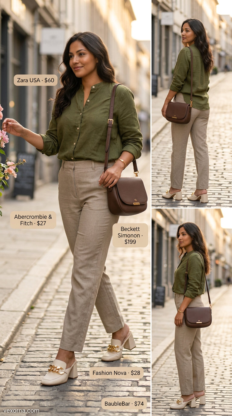 Olive green linen shirt & khaki pants matching set for women 2026. Sophisticated casual lunch outfit.