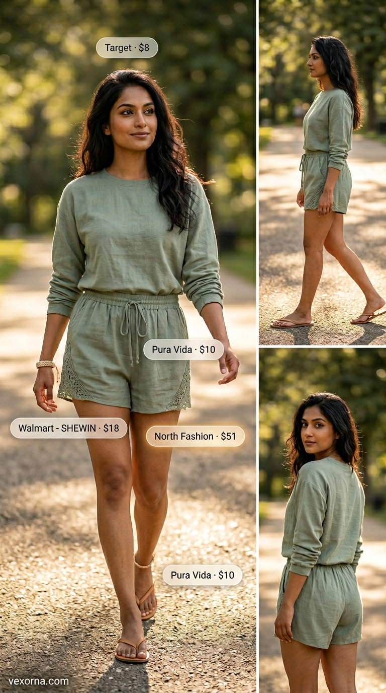 Sage green linen shorts & white tank for women 2026. Casual summer outfit for errands.