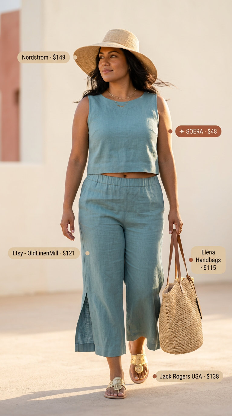 Cream linen bandeau top & teal linen pants matching set for women 2026. Luxurious resort wear.