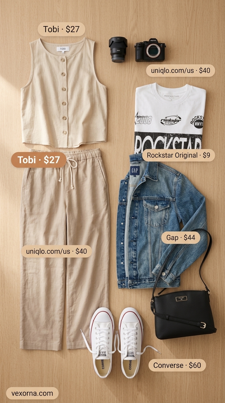 Beige linen pants matching set for women 2026: straight-leg pants, graphic tee, denim jacket, sneakers.