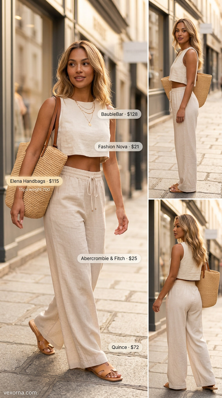 Cream linen pants matching set for women 2026: cropped tank, wide-leg pants, straw bag, layered necklaces.
