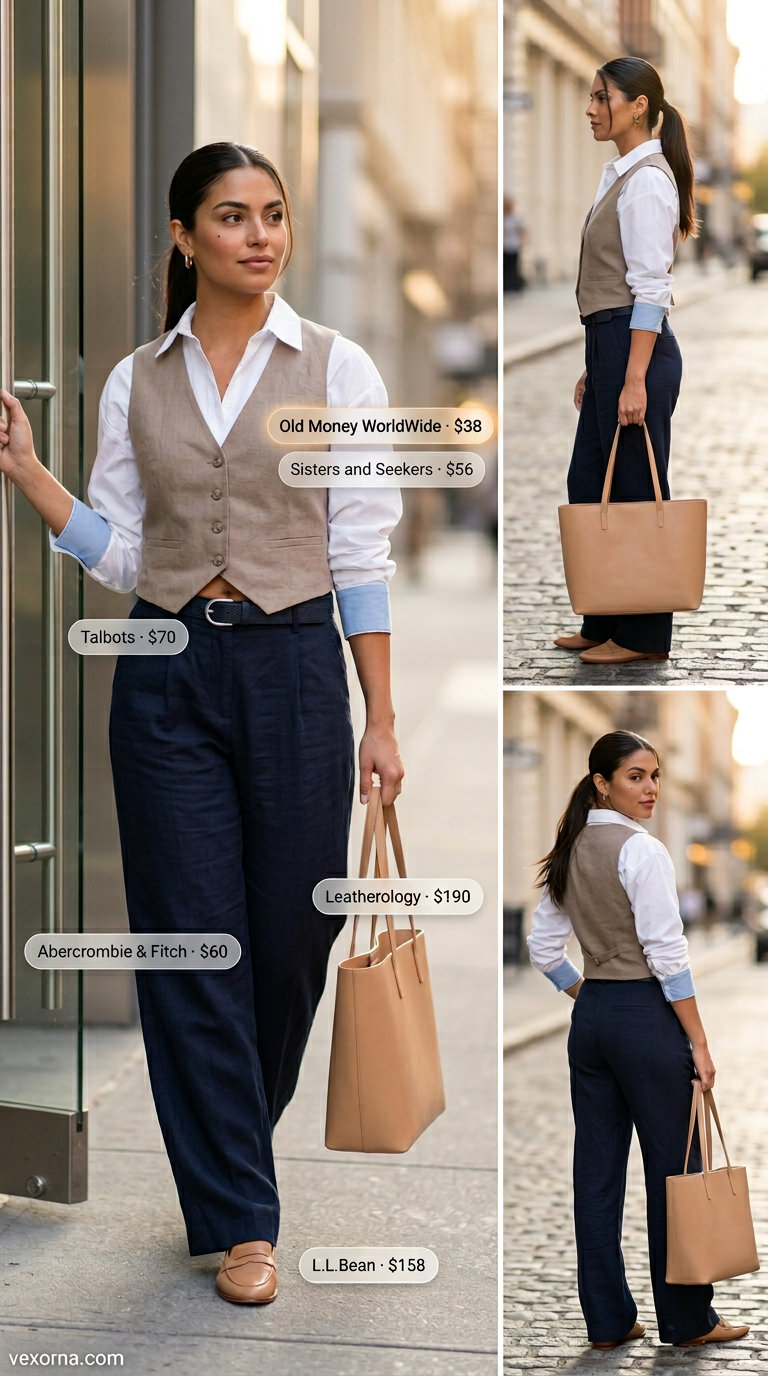 Navy linen pants matching set for women 2026: tailored trousers, white shirt, loafers, tote bag for business casual.