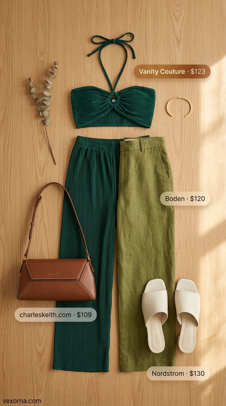 Olive green linen pants matching set for women 2026: wide-leg pants, bandeau top, tan bag, cream sandals.
