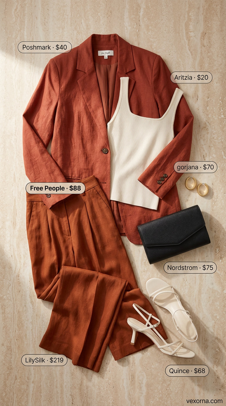 Terracotta linen pants matching set for women 2026: wide-leg pants, blazer, cream top, heeled sandals.