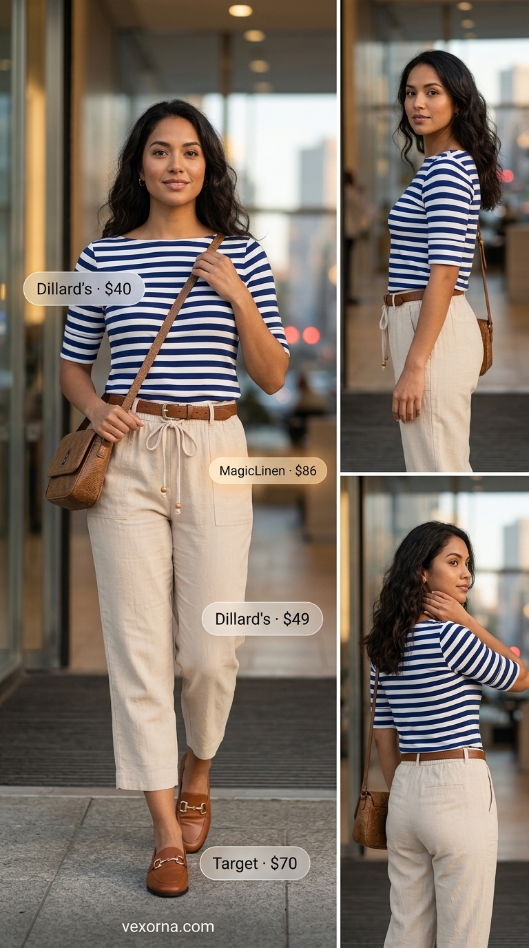 Coastal business casual summer linen work outfits for women 2026: beige linen pants, striped knit top, cognac loafers.