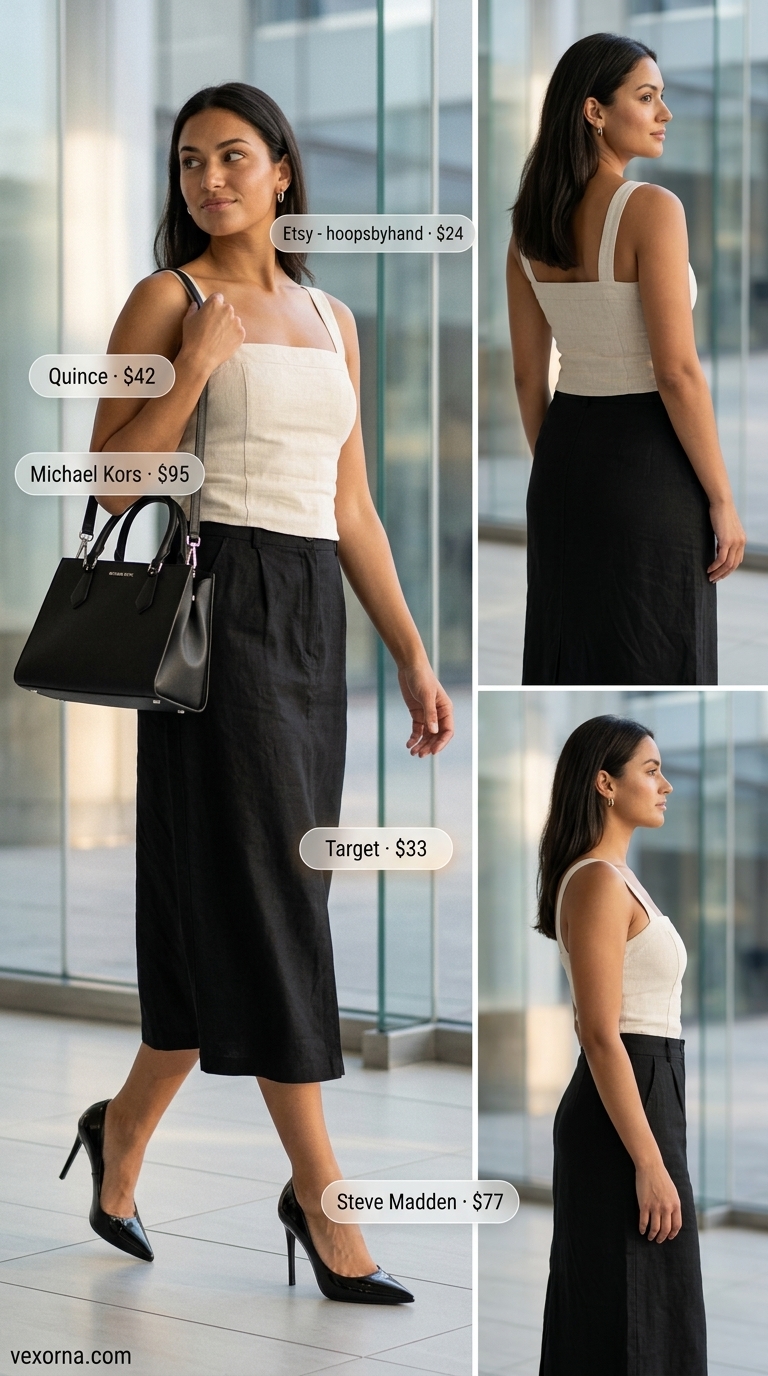 Black linen blend pencil skirt with ivory blouse and black heels for summer linen work outfits for women 2026.