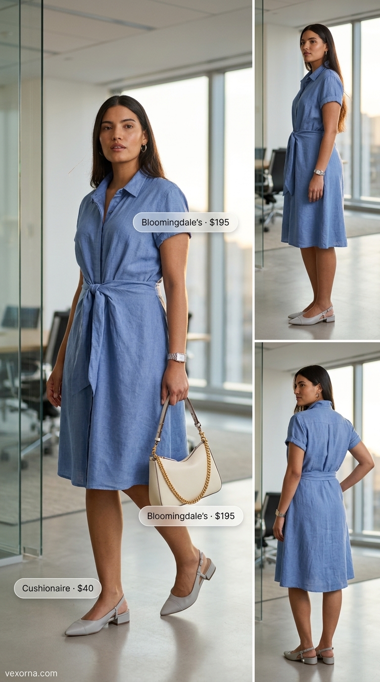 Effortless summer linen work outfits for women 2026: powder blue linen shirt dress, cream flats, gold watch.