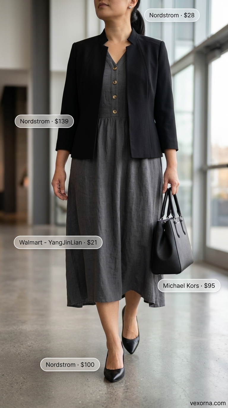 Charcoal grey linen dress for modern summer work outfits for women 2026. Styled with black blazer and pumps.