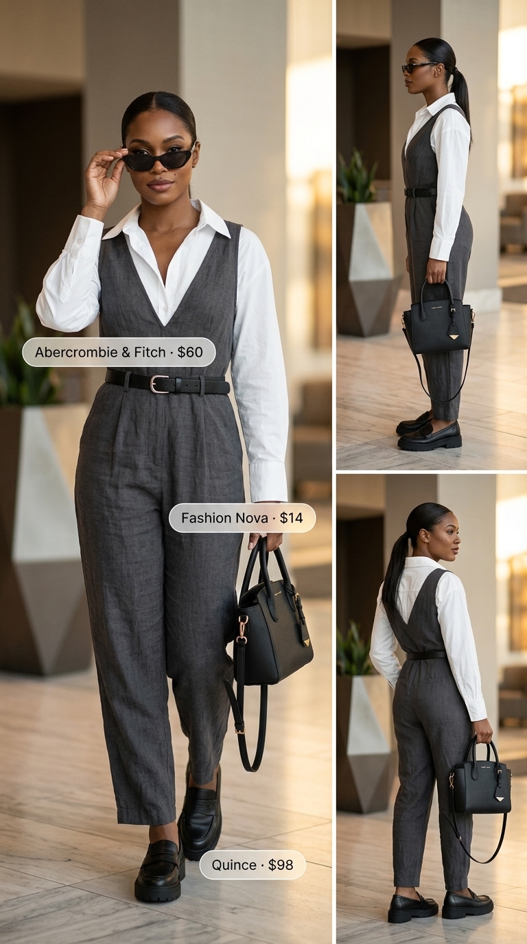Modern summer linen work outfits for women 2026: charcoal linen shorts, white shirt, black loafers.