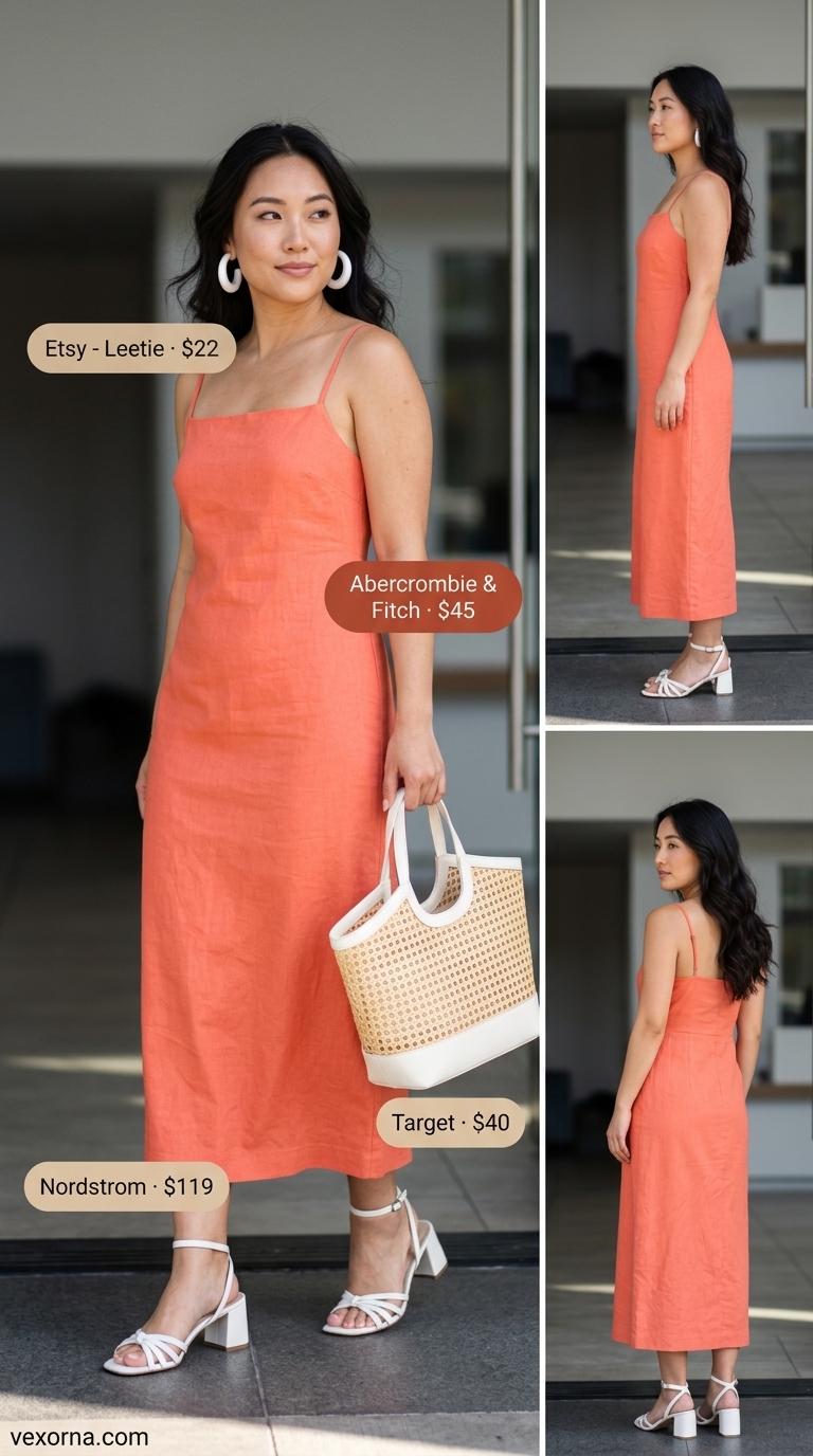Coral linen blend A-line midi dress with white block heels and straw tote for summer linen work outfits for women 2026.