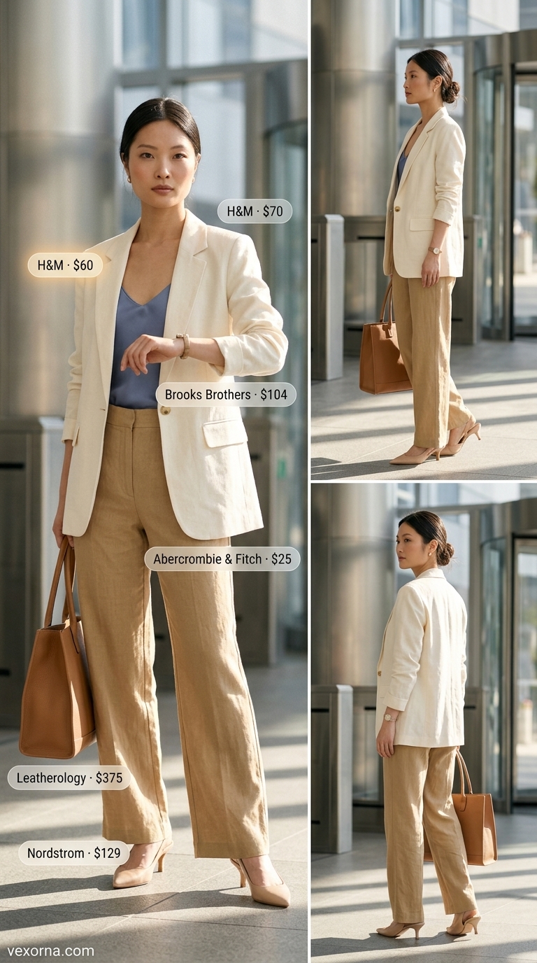 Sophisticated summer linen work outfits for women 2026: cream blazer, wide-leg pants, silk camisole.