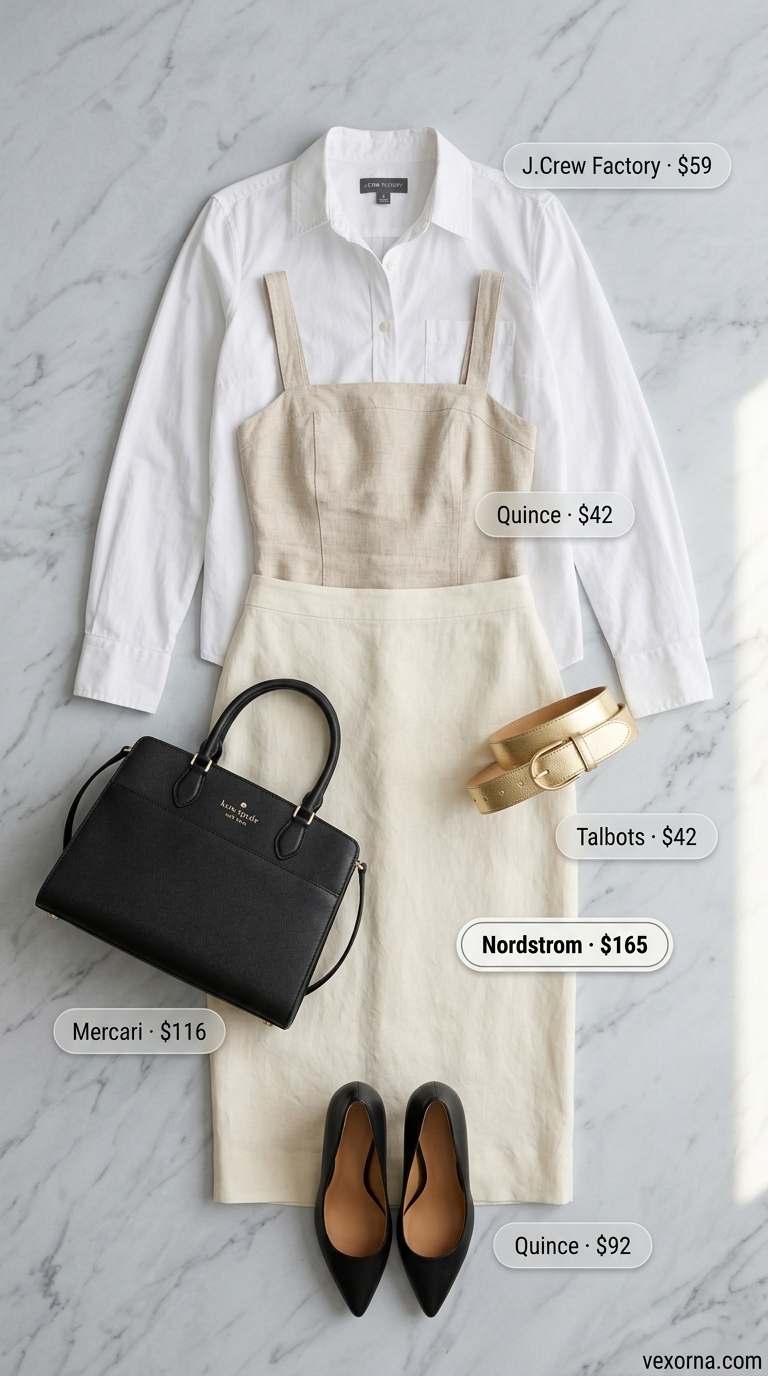 Cream linen blend pencil skirt with white shirt and black pumps for summer linen work outfits for women 2026.