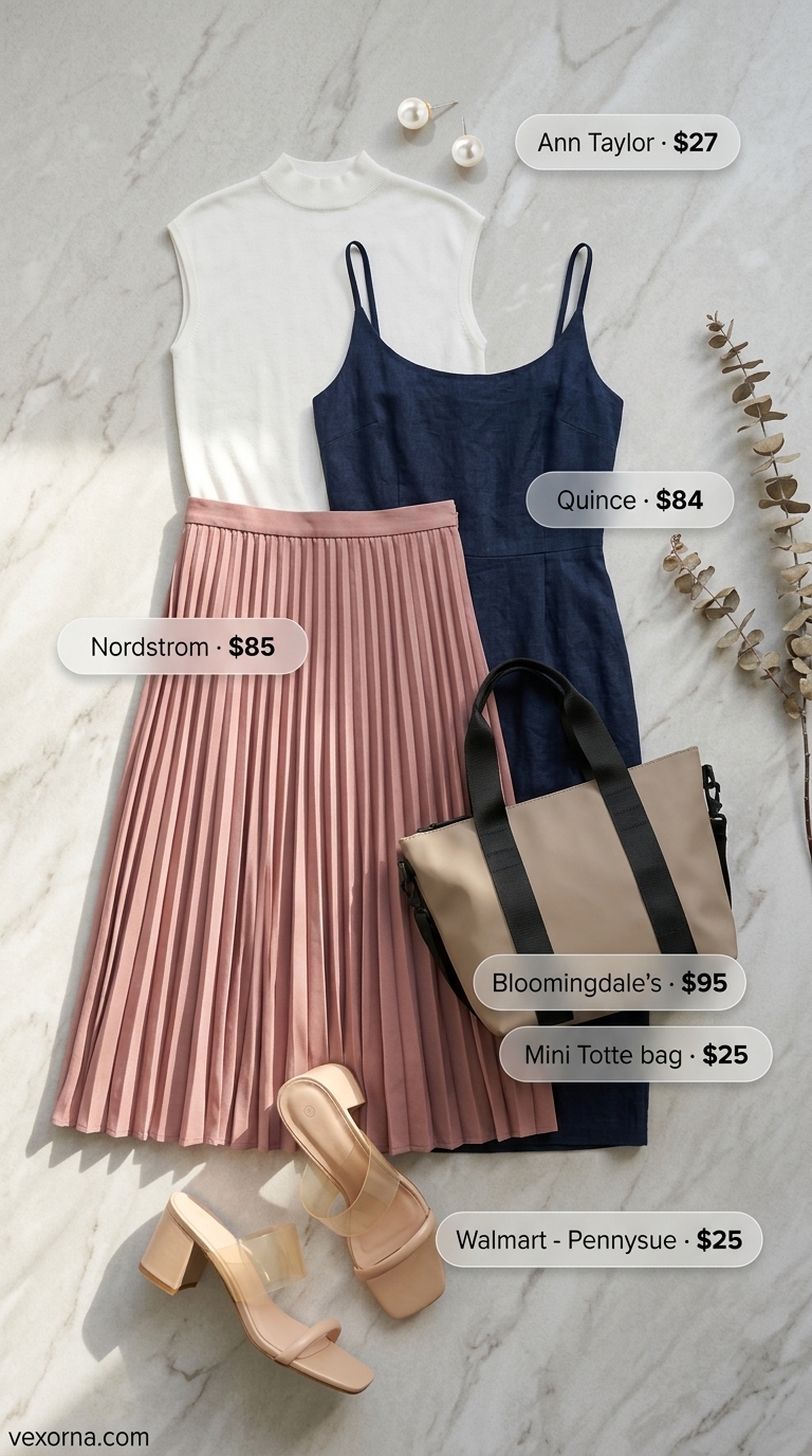 Dusty Rose linen blend pleated midi skirt with white knit top and nude mules for summer linen work outfits for women 2026.