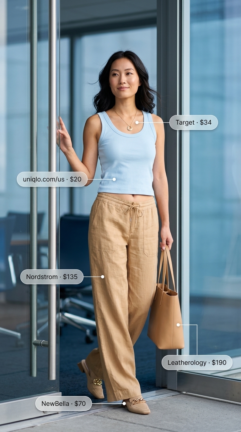 Ivory linen trousers for relaxed summer work outfits for women 2026. Styled with sky blue knit top and tan mules.