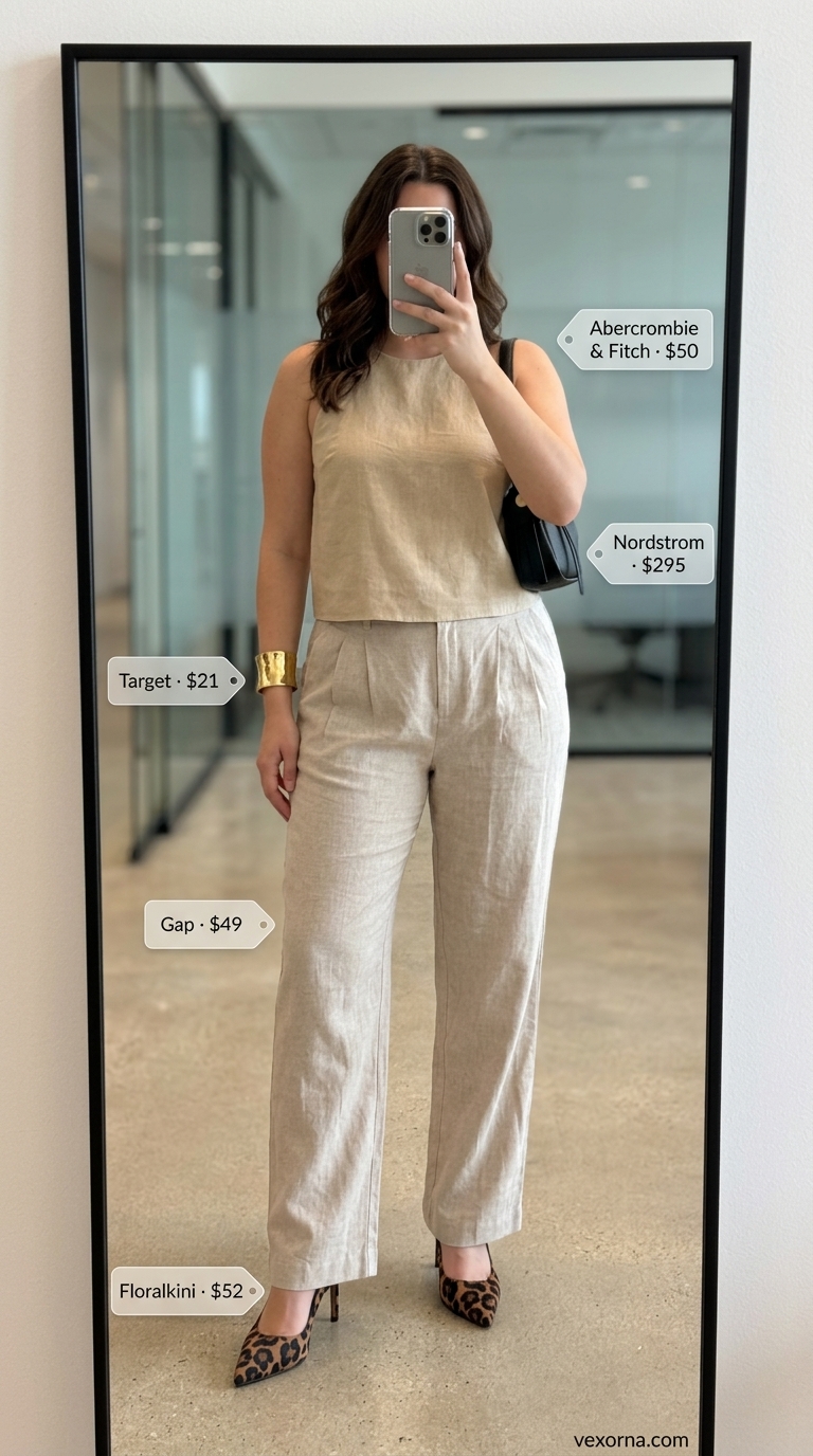 Edgy summer linen work outfits for women 2026: khaki linen trousers, leopard print heels, mock neck top.