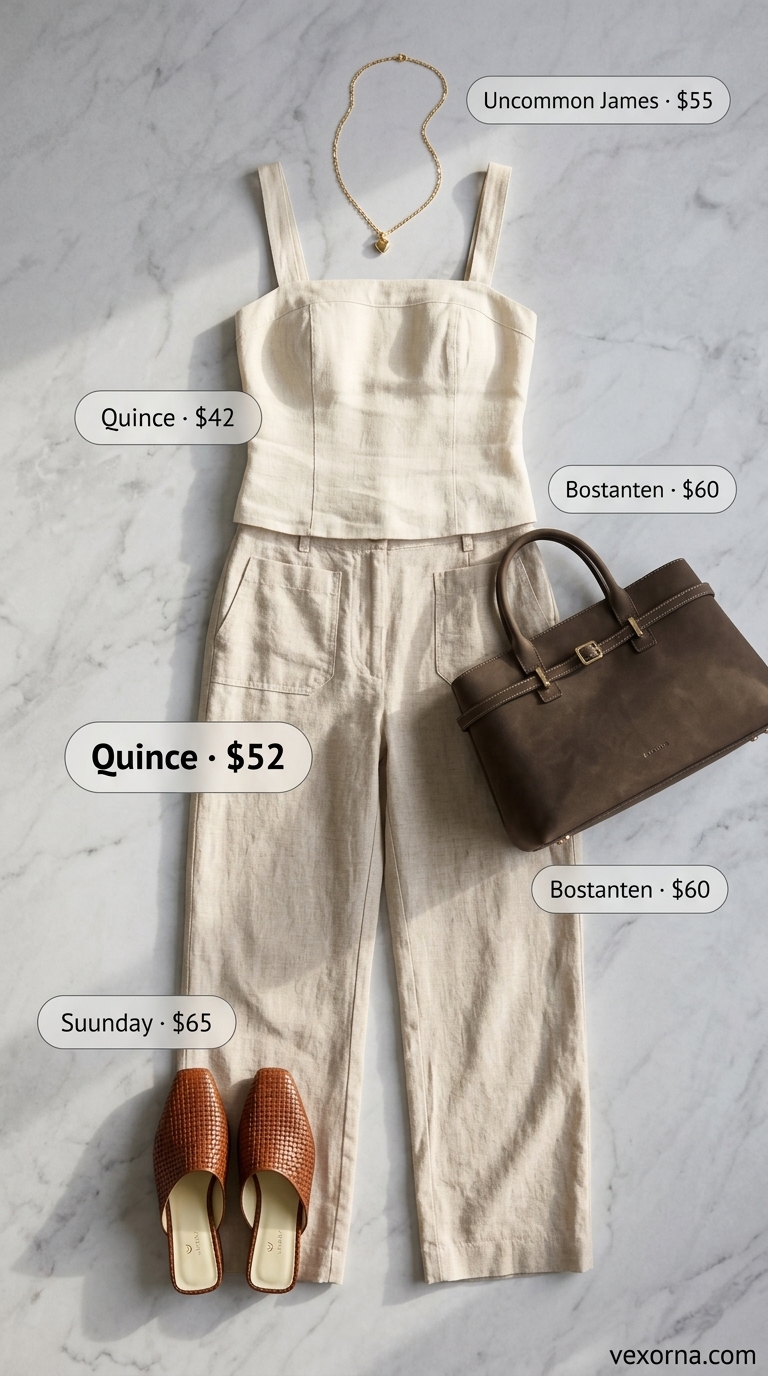 Khaki linen trousers for polished summer work outfits for women 2026. Paired with ivory blouse and leather mules.