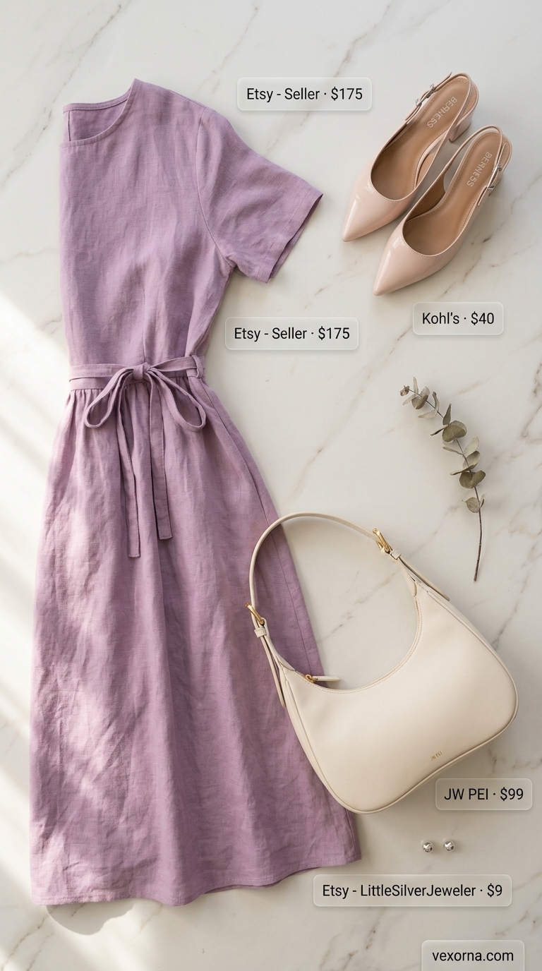 Lavender linen midi dress for elegant summer work outfits for women 2026. Styled with cream pumps and silver earrings.