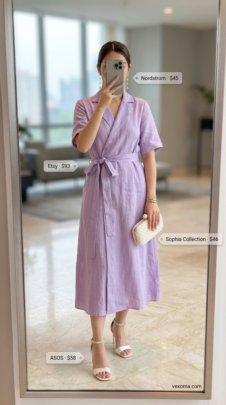 Elegant summer linen work outfits for women 2026: lilac linen wrap dress, ivory satin heels, pearl clutch.