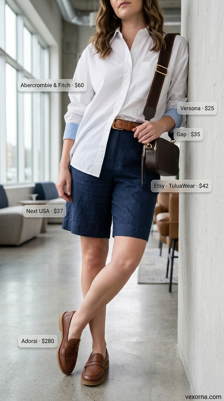 Navy linen Bermuda shorts for smart summer work outfits for women 2026. Paired with white shirt and leather loafers.