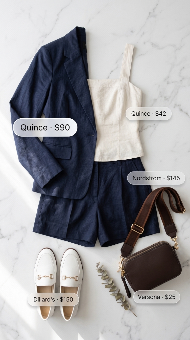 Navy linen shorts suit for modern summer work outfits for women 2026. Styled with white loafers and silk camisole.