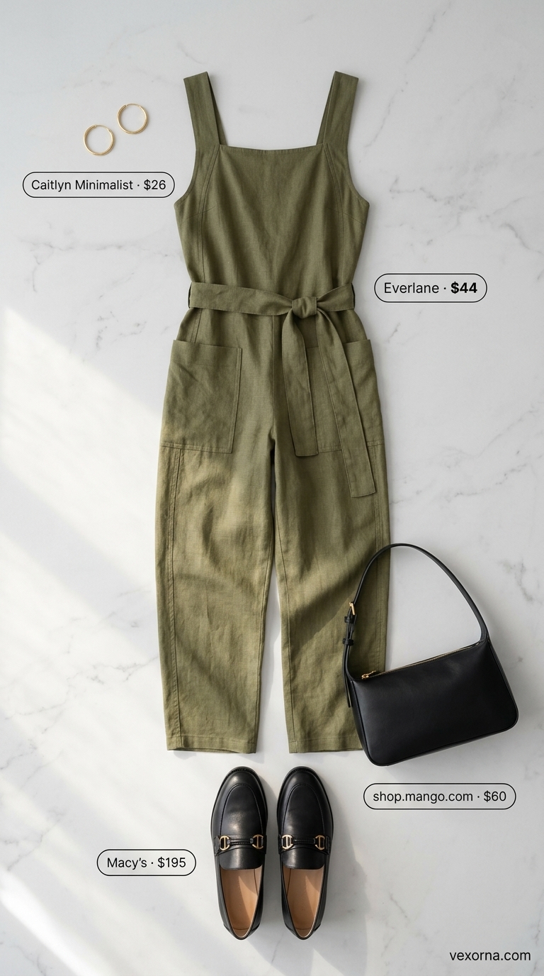 Practical summer linen work outfits for women 2026: olive green utility jumpsuit, black loafers, gold hoops.