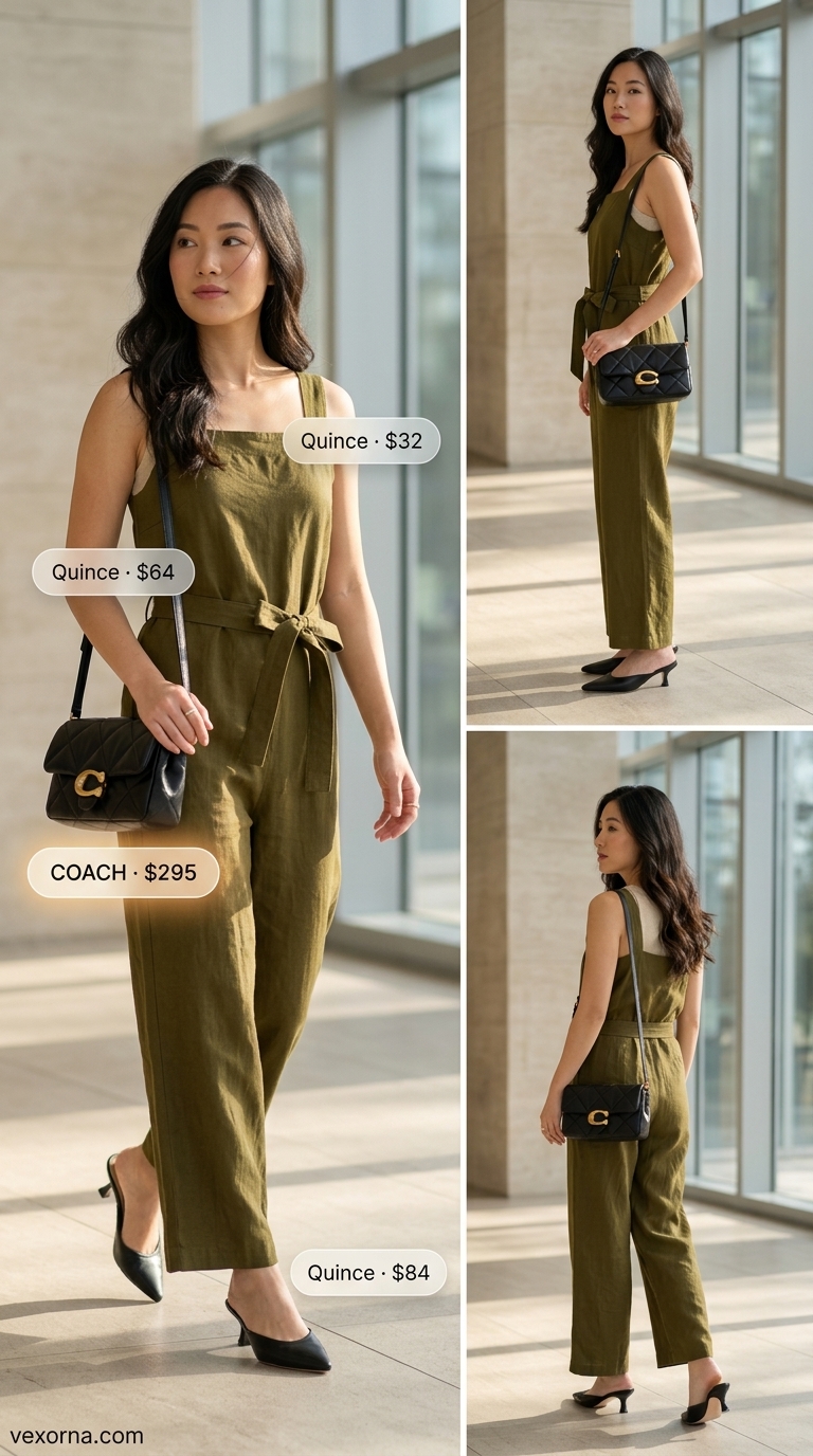 Bold summer linen work outfits for women 2026: olive green linen jumpsuit, black mules, gold accessories.