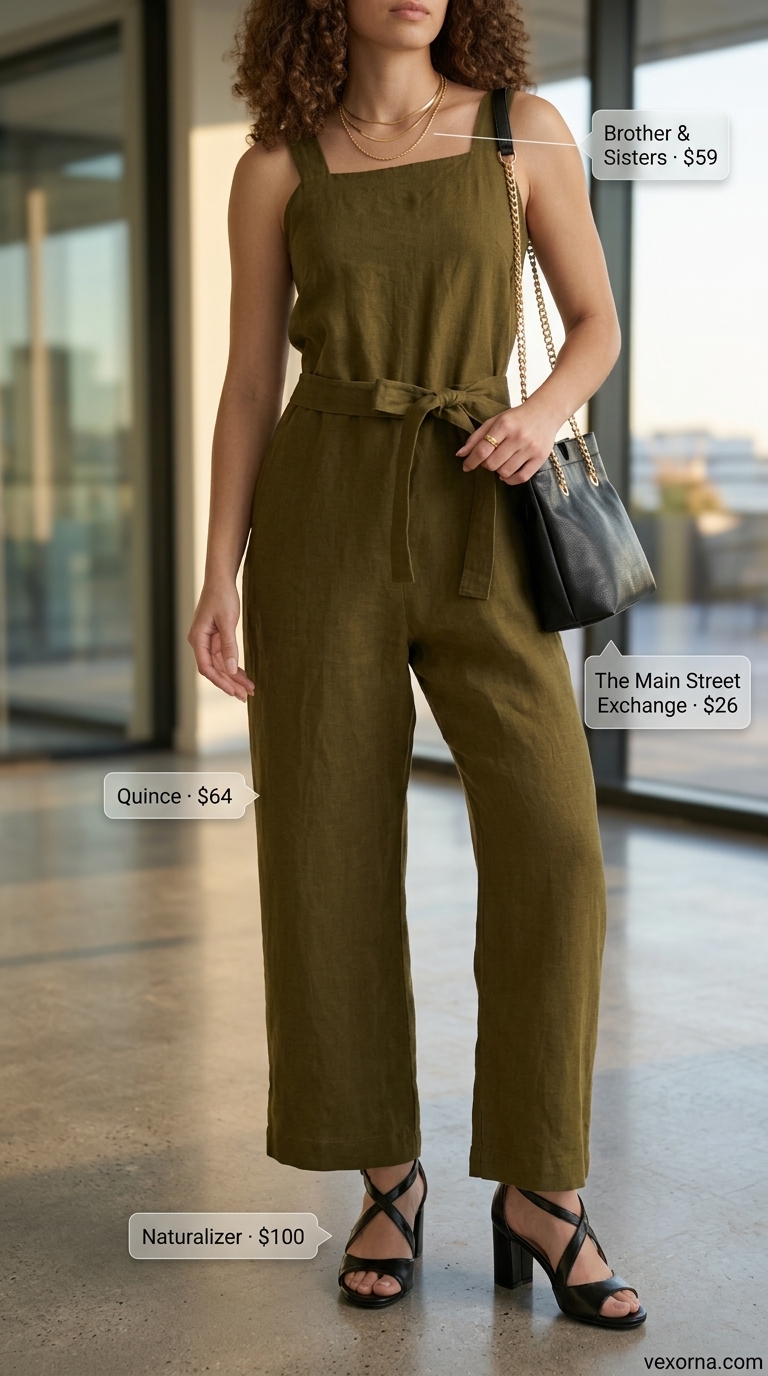 Olive green linen jumpsuit for chic summer work outfits for women 2026. Styled with black sandals and gold jewelry.