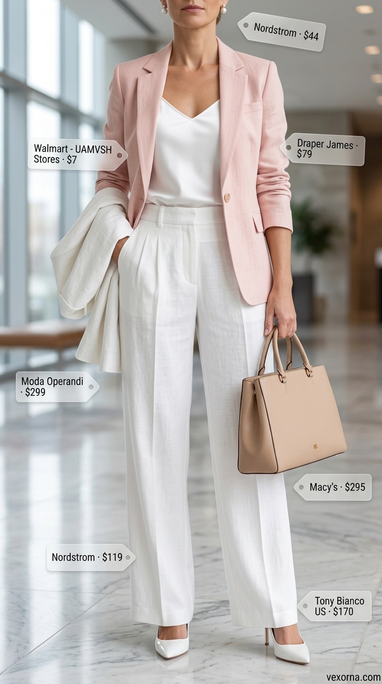 Pale Pink linen blend blazer with white trousers and camisole for summer linen work outfits for women 2026.